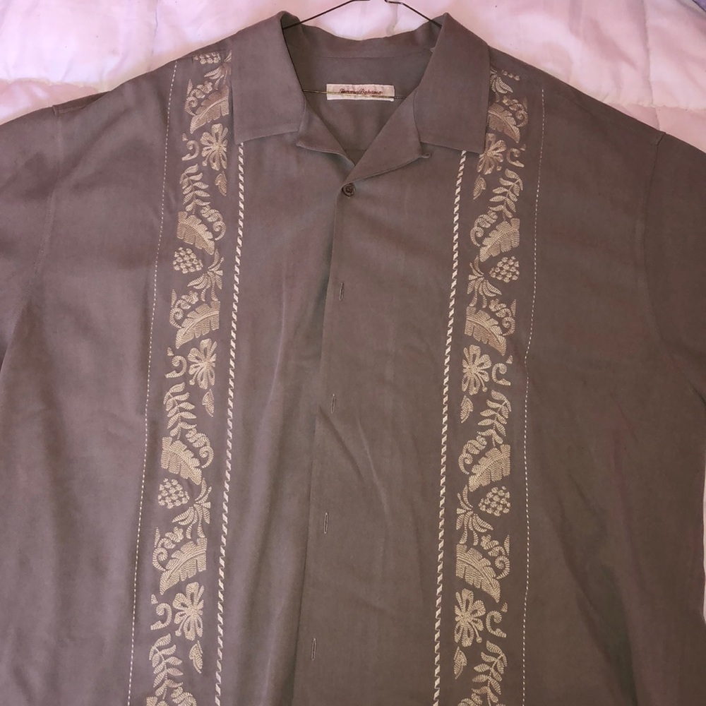 Men's Embroidered Short-Sleeve Button Shirt - Taupe/Cream